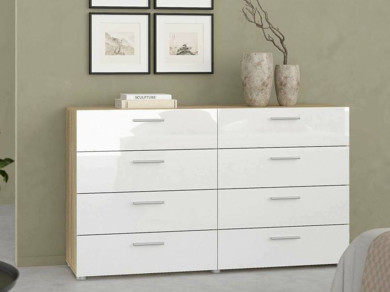 Credenza quercia e bianco lucida 140x40x81h cm 8 cassetti - Phethai