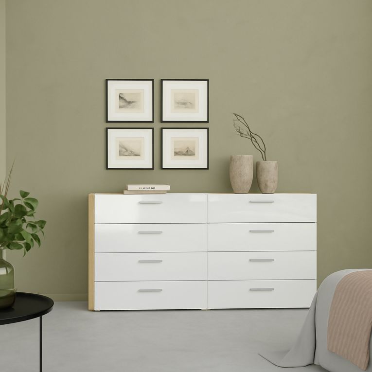Credenza quercia e bianco lucida 140x40x82h cm 8 cassetti - Aligon