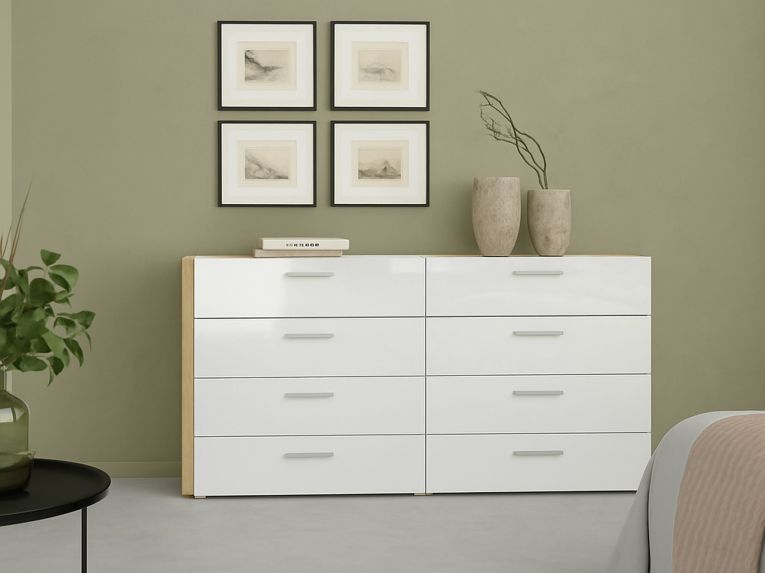 Credenza quercia e bianco lucida 140x40x82h cm 8 cassetti - Aligon