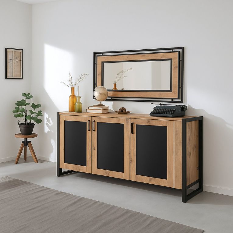Credenza quercia e nera 140x45x80h cm 3 ante - Arjuna