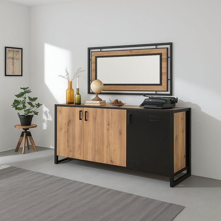 Credenza quercia e nera 140x45x80h cm 3 ante - Yvonne