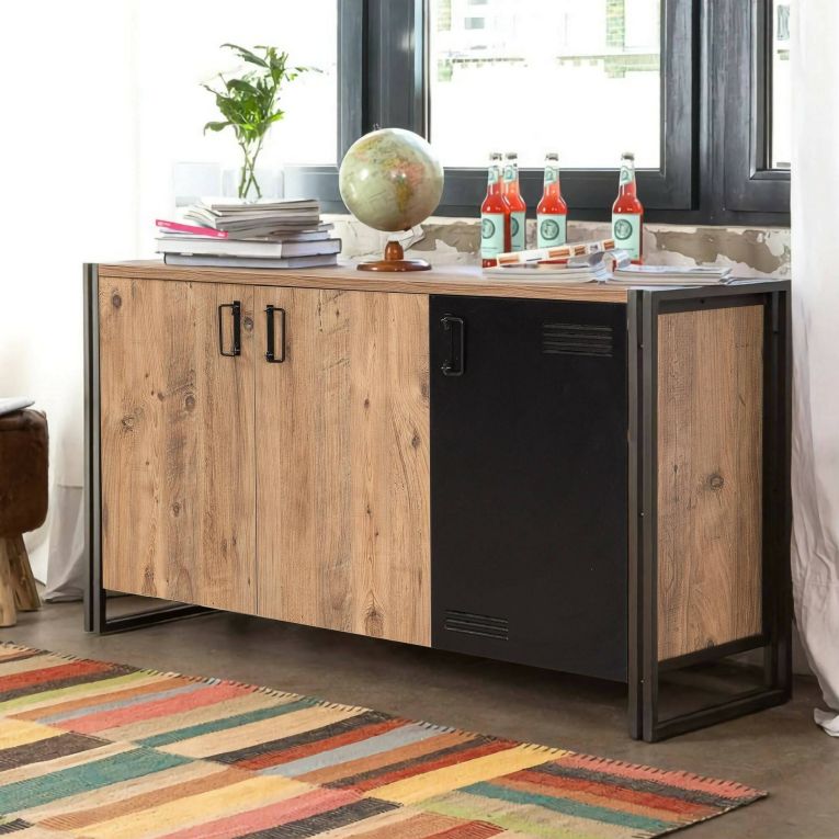 Credenza quercia e nera 140x45x80h cm 3 ante - Yvonne