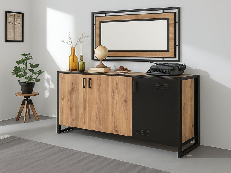 Credenza quercia e nera 140x45x80h cm 3 ante - Yvonne