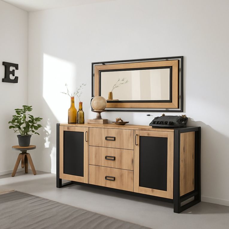 Credenza quercia e nera 160x45x80h cm 2 ante e 3 cassetti - Baldo