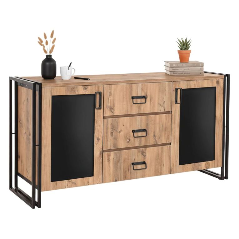 Credenza quercia e nera 160x45x80h cm 2 ante e 3 cassetti - Baldo