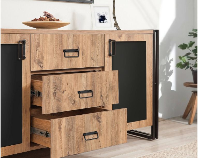 Credenza quercia e nera 160x45x80h cm 2 ante e 3 cassetti - Baldo