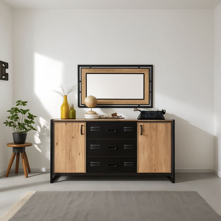 Credenza quercia e nera 160x45x80h cm 2 ante e 3 cassetti - Cimaron