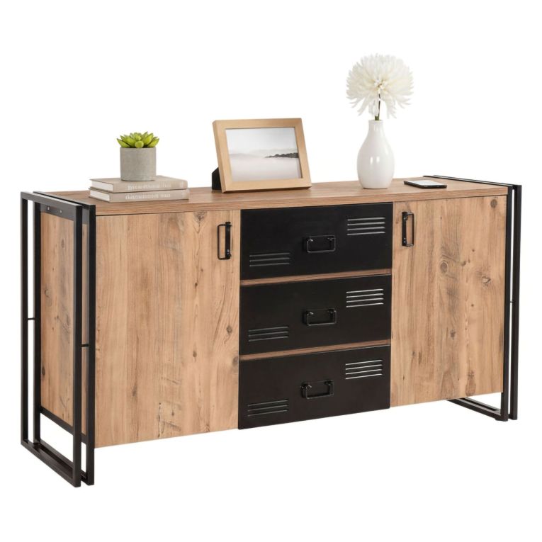 Credenza quercia e nera 160x45x80h cm 2 ante e 3 cassetti - Cimaron