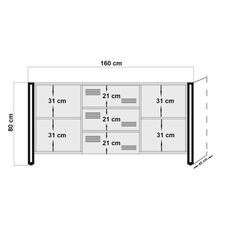 Credenza quercia e nera 160x45x80h cm 2 ante e 3 cassetti - Cimaron