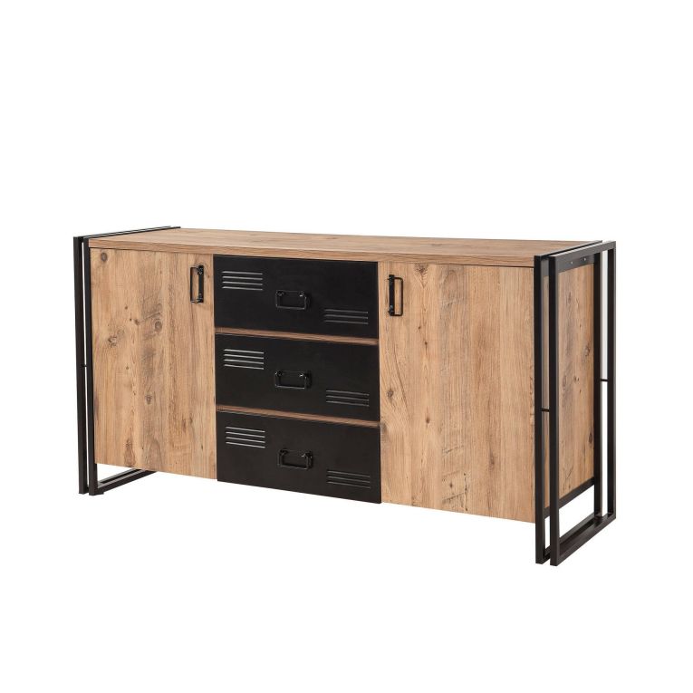 Credenza quercia e nera 160x45x80h cm 2 ante e 3 cassetti - Cimaron