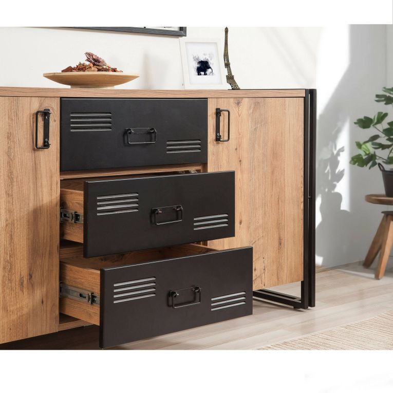 Credenza quercia e nera 160x45x80h cm 2 ante e 3 cassetti - Cimaron