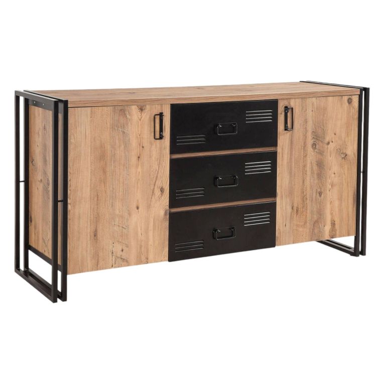 Credenza quercia e nera 160x45x80h cm 2 ante e 3 cassetti - Cimaron