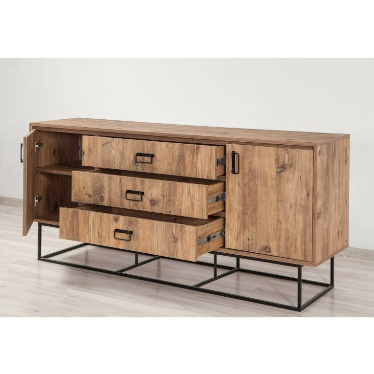 Credenza quercia e nera 180x45x80h cm 2 ante e 3 cassetti - Barrea