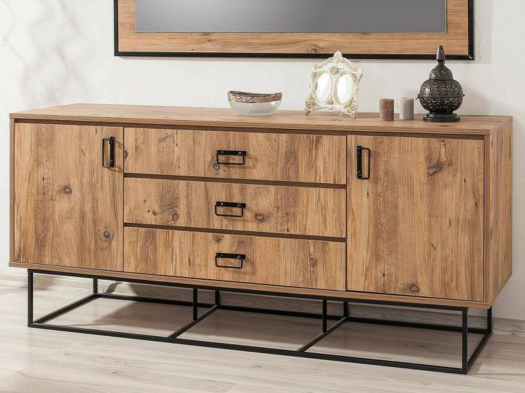 Credenza quercia e nera 180x45x80h cm 2 ante e 3 cassetti - Barrea