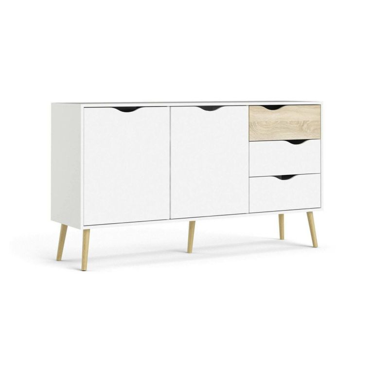 Credenza Renee, Buffet da soggiorno, Madia da salotto, Dispensa da cucina, 147x39 h81 cm, Bianco e Quercia