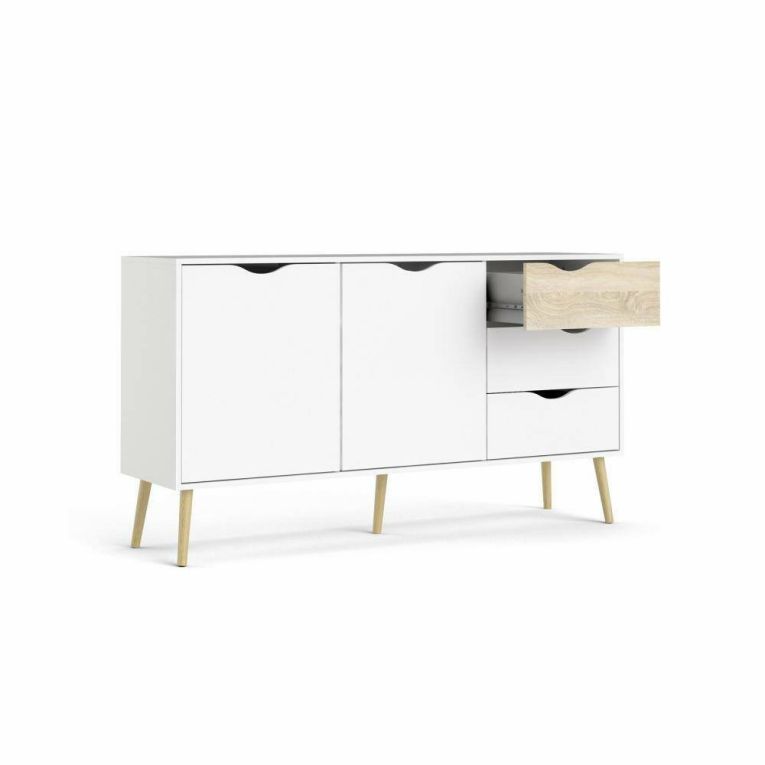 Credenza Renee, Buffet da soggiorno, Madia da salotto, Dispensa da cucina, 147x39 h81 cm, Bianco e Quercia