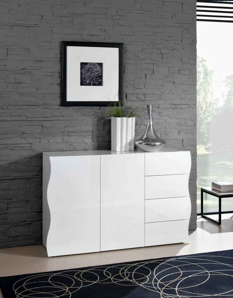 Credenza Romolo, Madia da cucina a 2 ante e 4 cassetti, Buffet da soggiorno, 100% Made in Italy, cm 124x40h81, Bianco lucido