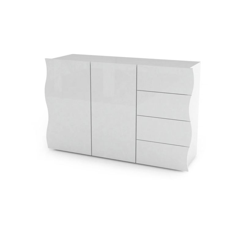 Credenza Romolo, Madia da cucina a 2 ante e 4 cassetti, Buffet da soggiorno, 100% Made in Italy, cm 124x40h81, Bianco lucido