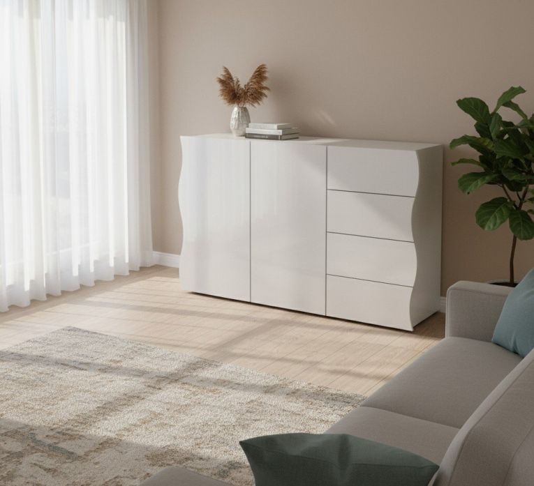 Credenza Romolo, Madia da cucina a 2 ante e 4 cassetti, Buffet da soggiorno, 100% Made in Italy, cm 124x40h81, Bianco lucido