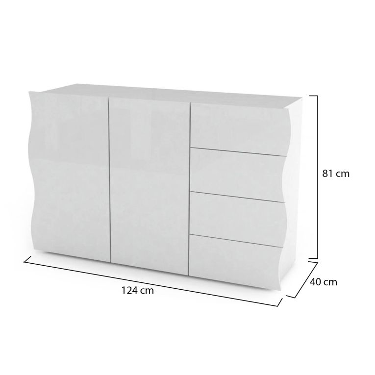 Credenza Romolo, Madia da cucina a 2 ante e 4 cassetti, Buffet da soggiorno, 100% Made in Italy, cm 124x40h81, Bianco lucido