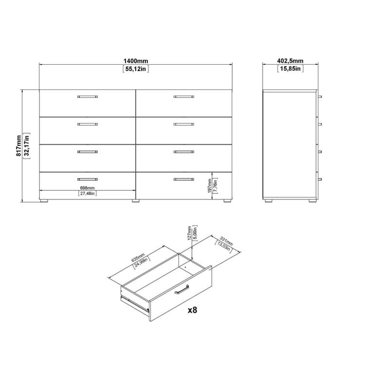 Credenza rovere 140x40x81h cm 8 cassetti - Acetosella