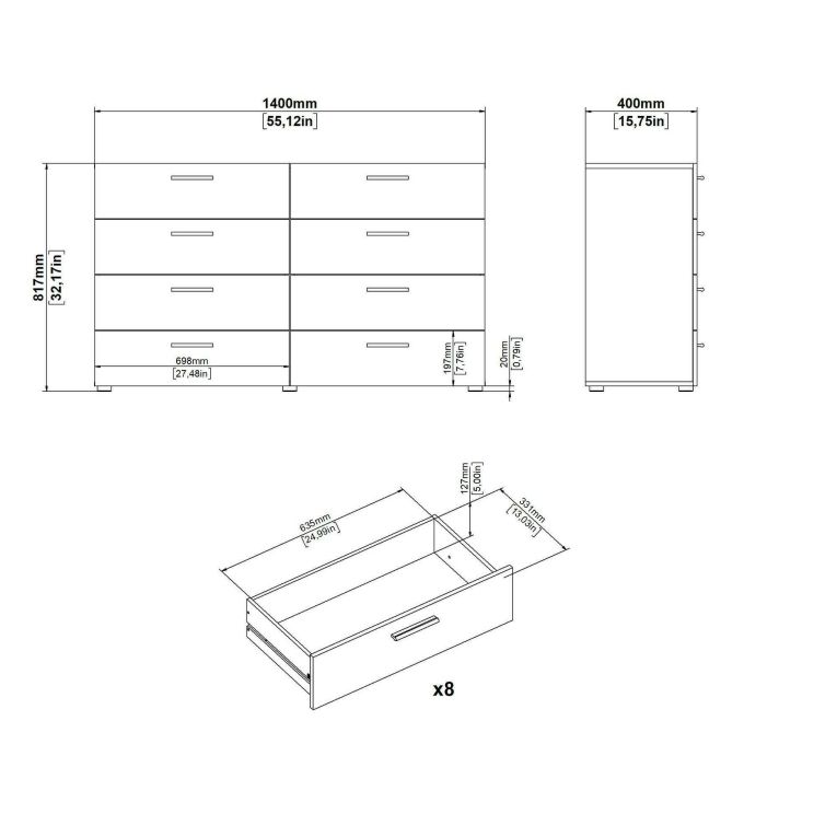 Credenza rovere 140x40x81h cm 8 cassetti - Phethai