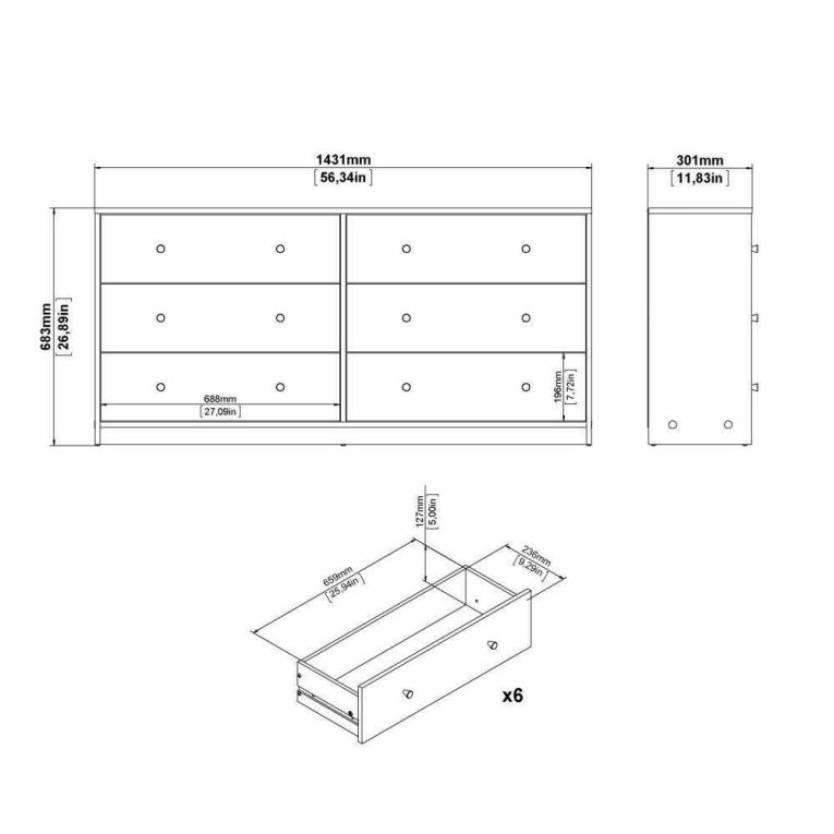 Credenza rovere 143x30x68h cm 6 cassetti - Rick