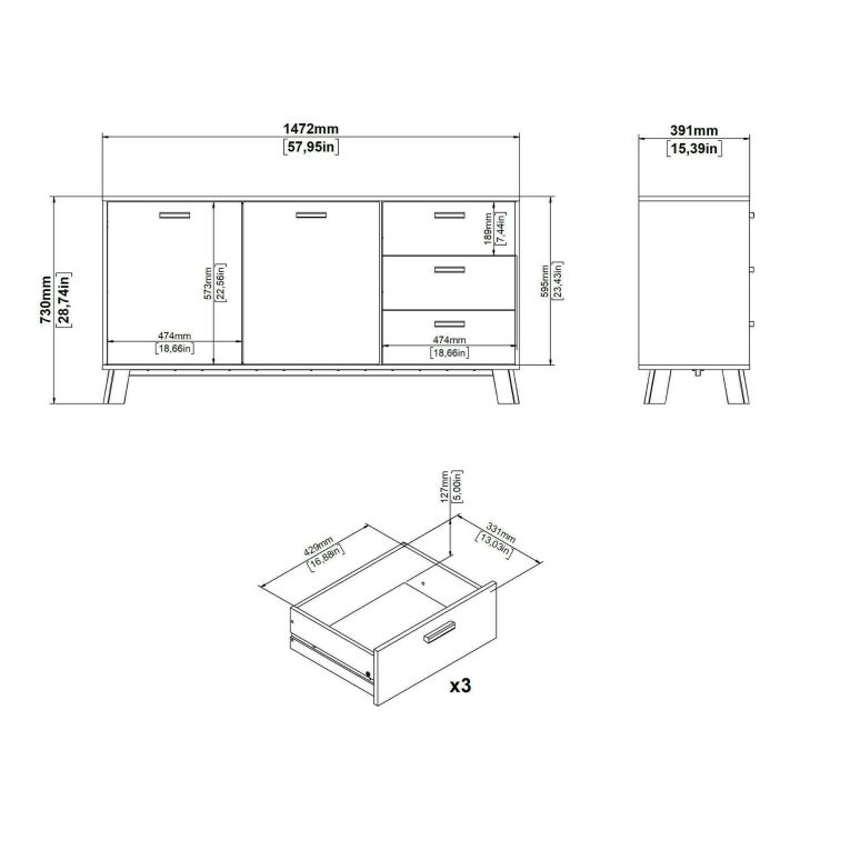 Credenza rovere e bianca 147x39x73h cm 2 ante e 3 cassetti - Pepito