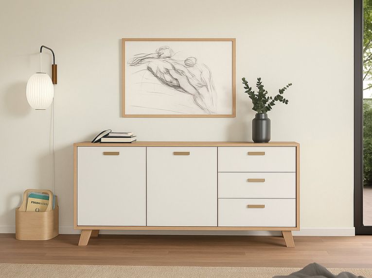 Credenza rovere e bianca 147x39x73h cm 2 ante e 3 cassetti - Pepito