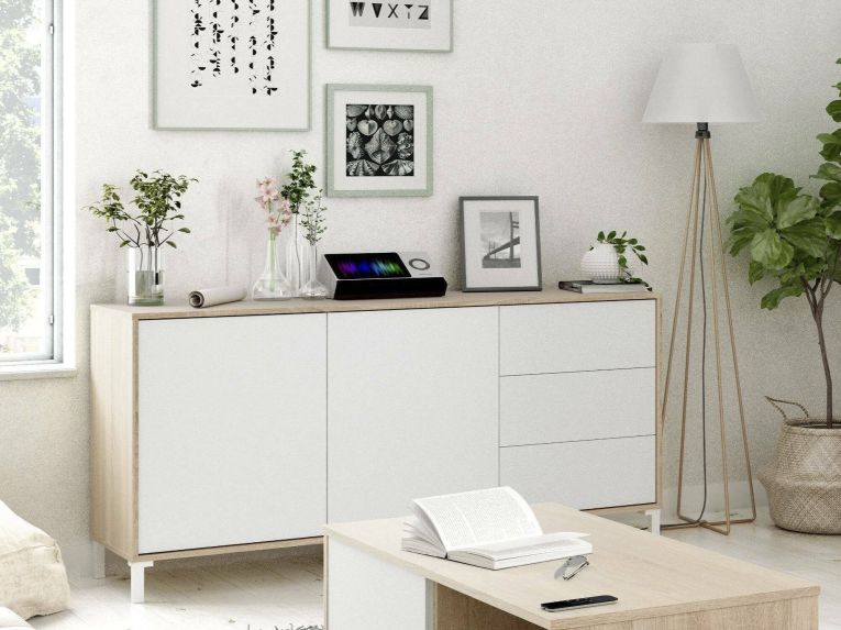Credenza rovere e bianca 154x41x75h cm 2 ante e 3 cassetti - Ardelia