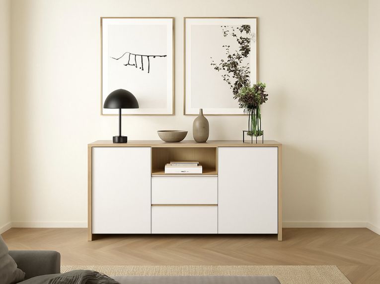 Credenza rovere e bianco lucida 148x48x83h cm 2 ante e 2 cassetti - Alalngar