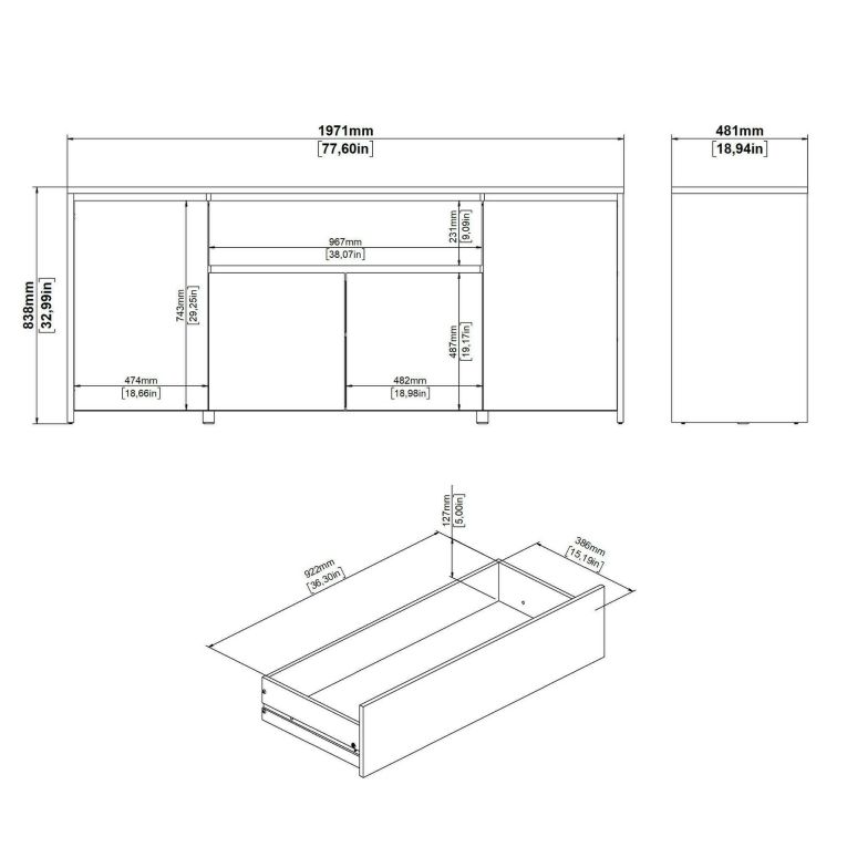 Credenza rovere e bianco lucida 197x48x83h cm 4 ante e 1 cassetto - Basile