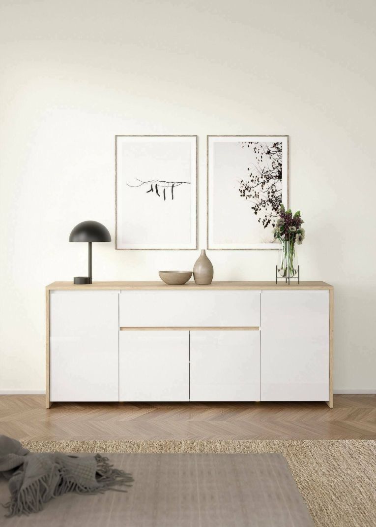 Credenza rovere e bianco lucida 197x48x83h cm 4 ante e 1 cassetto - Basile