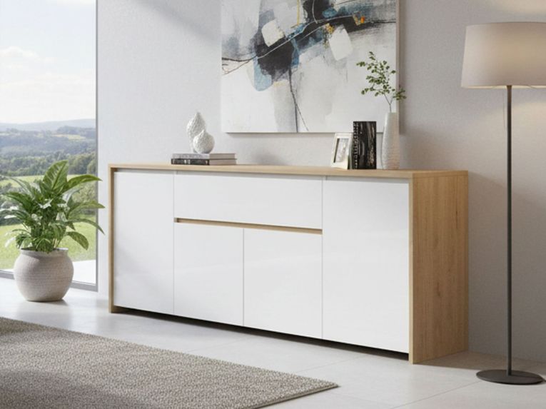 Credenza rovere e bianco lucida 197x48x83h cm 4 ante e 1 cassetto - Basile