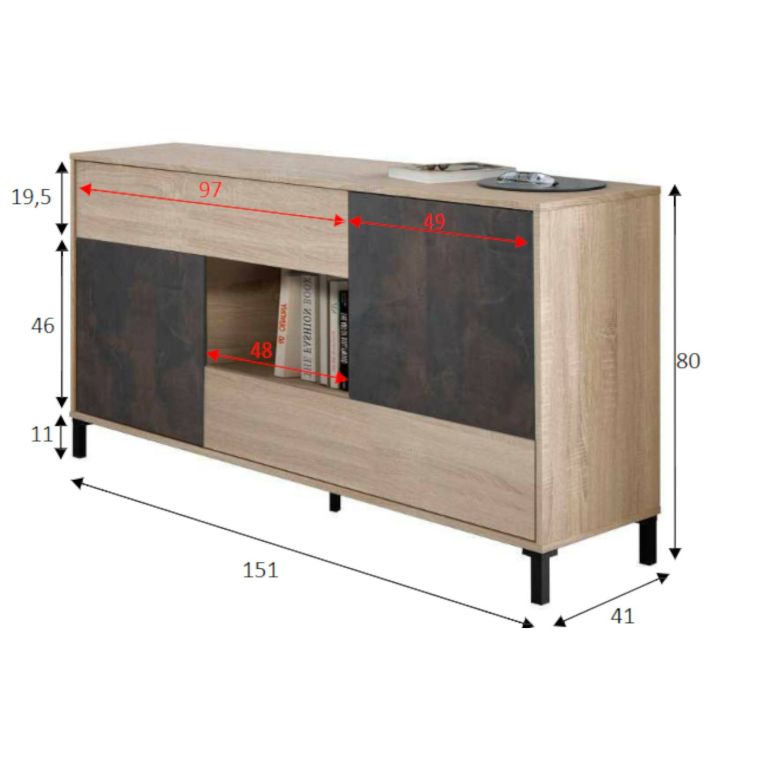 Credenza rovere e ossido 151x41x80h cm 2 ante e 2 cassetti - Abib