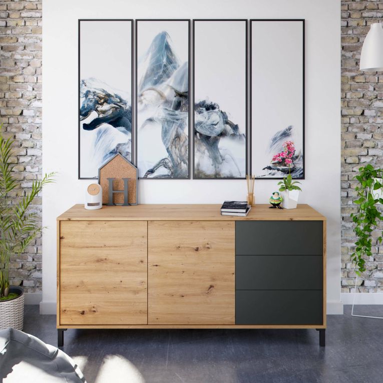 Credenza rovere nodi e antracite 154x41x75h cm 2 ante e 3 cassetti - Ardelia