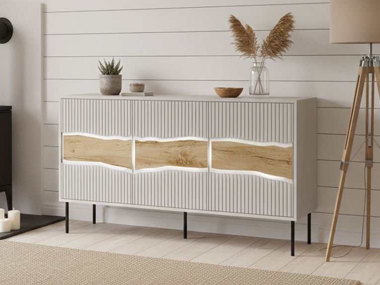 Credenza Saliceto, 144x40 h80 cm, Beige e Rovere Nodi