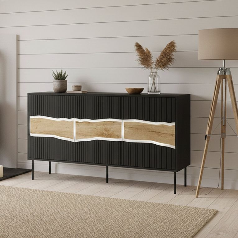 Credenza Saliceto, 144x40 h80 cm, Nero e Rovere Nodi