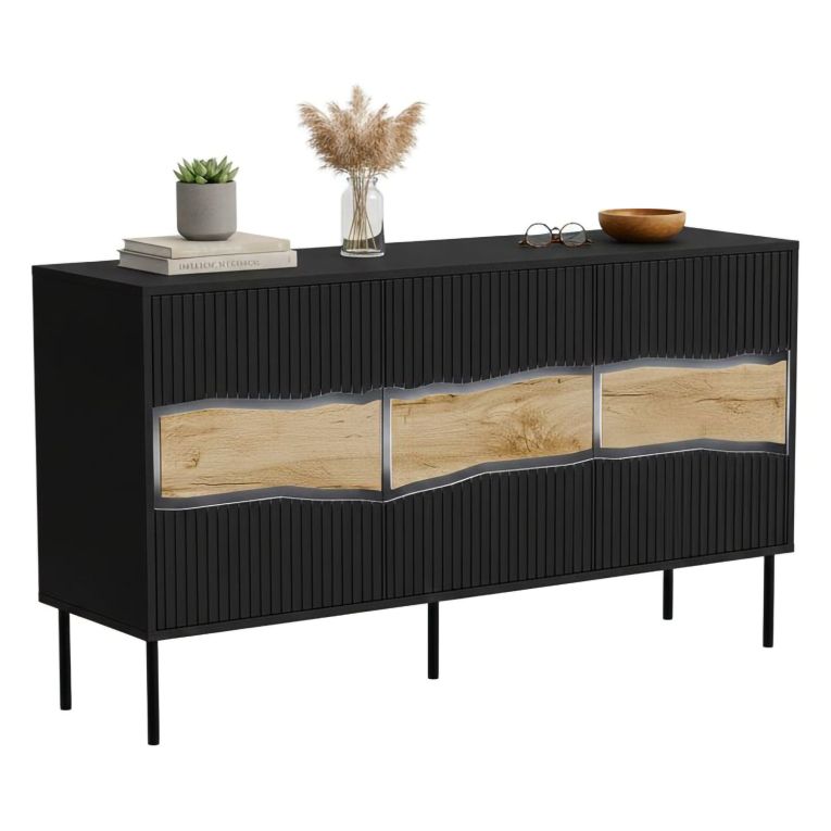 Credenza Saliceto, 144x40 h80 cm, Nero e Rovere Nodi