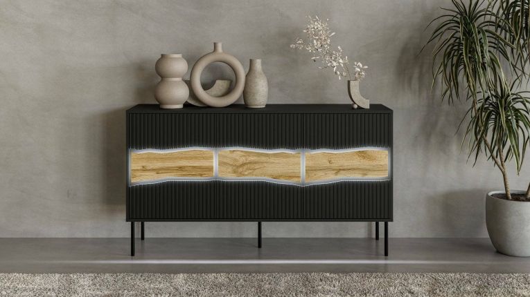 Credenza Saliceto, 144x40 h80 cm, Nero e Rovere Nodi