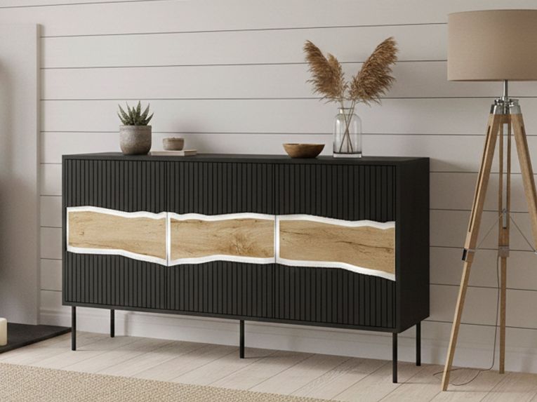 Credenza Saliceto, 144x40 h80 cm, Nero e Rovere Nodi