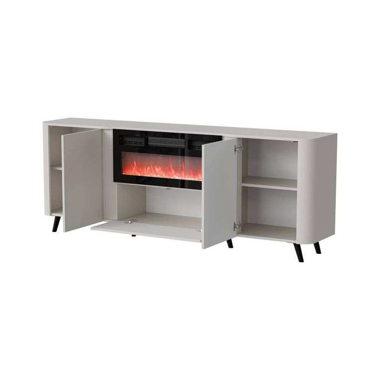 Credenza Santarem, Madia da salotto con due ante battenti, anta a ribalta- e camino elettrico, Rialzata da terra, 191x40 h69 cm, Beige