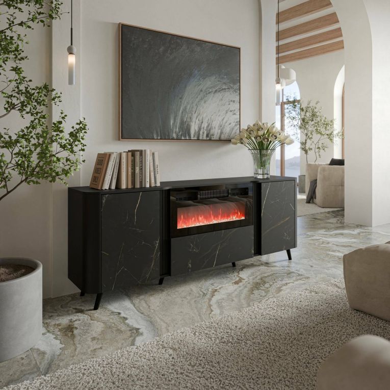 Credenza Santarem, Madia da salotto con due ante battenti, anta a ribalta- e camino elettrico, Rialzata da terra, 191x40 h69 cm, Marmo e Nero