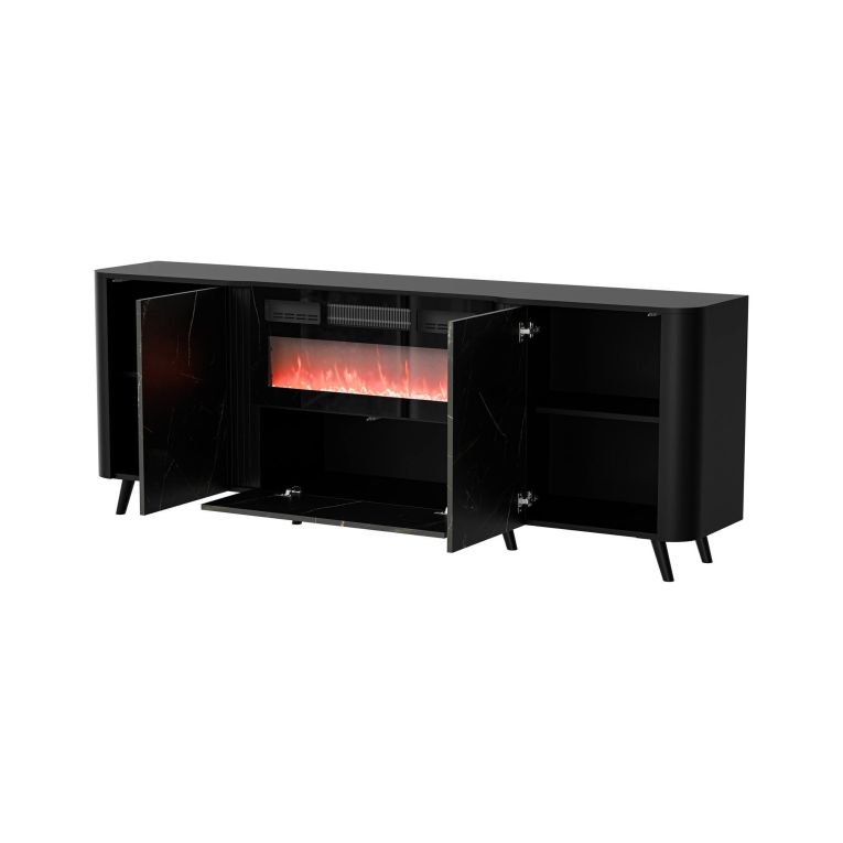 Credenza Santarem, Madia da salotto con due ante battenti, anta a ribalta- e camino elettrico, Rialzata da terra, 191x40 h69 cm, Marmo e Nero