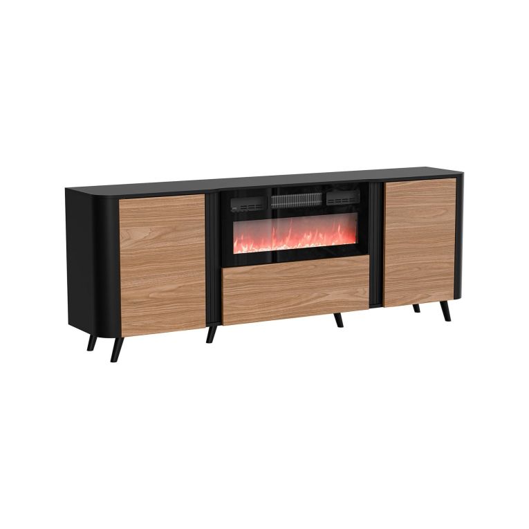 Credenza Santarem, Madia da salotto con due ante battenti, anta a ribalta- e camino elettrico, Rialzata da terra, 191x40 h69 cm, Nero e Noce