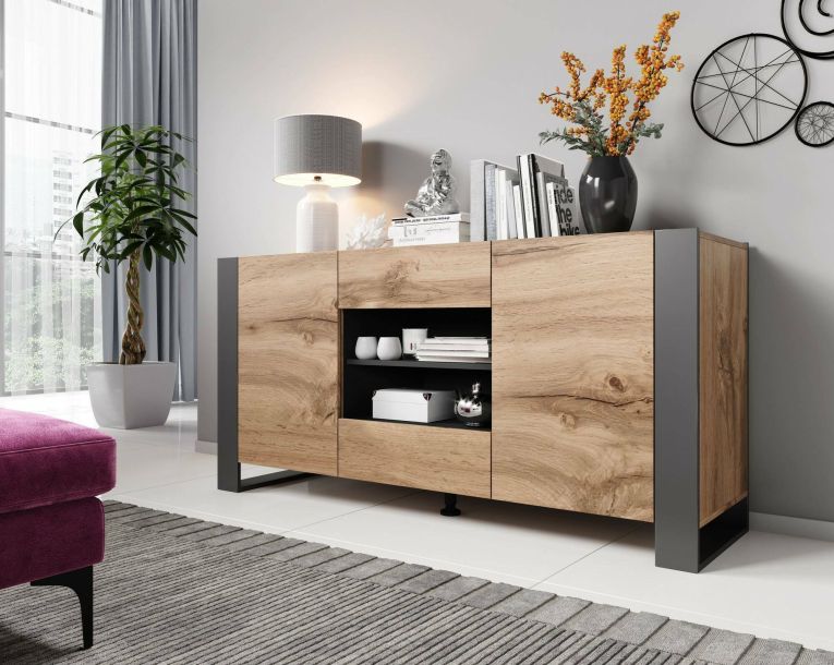 Credenza Silves, Madia da salotto con due ante battenti, due cassetti e vani interni, Rialzata da terra, 164x44 h80 cm, Rovere Nodi e Antracite