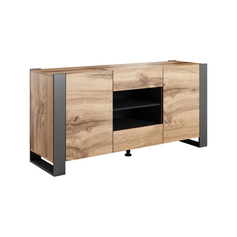 Credenza Silves, Madia da salotto con due ante battenti, due cassetti e vani interni, Rialzata da terra, 164x44 h80 cm, Rovere Nodi e Antracite