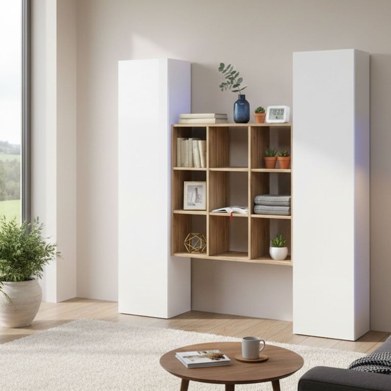 Credenza slim bianco lucida e acero 40x30x180h cm 2 ante - Acerenza