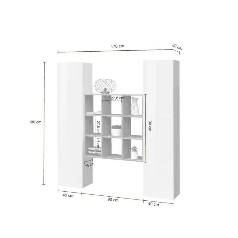 Credenza slim bianco lucida e acero 40x30x180h cm 2 ante - Acerenza