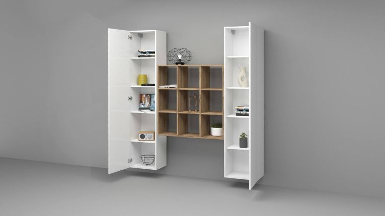 Credenza slim bianco lucida e acero 40x30x180h cm 2 ante - Acerenza